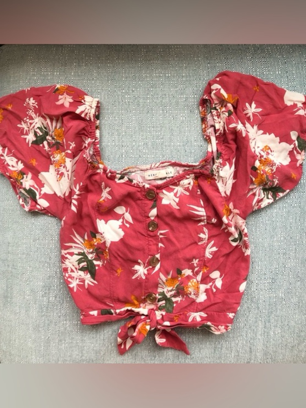 Floral Button-Front Puff Sleeve Top - Pink White Green